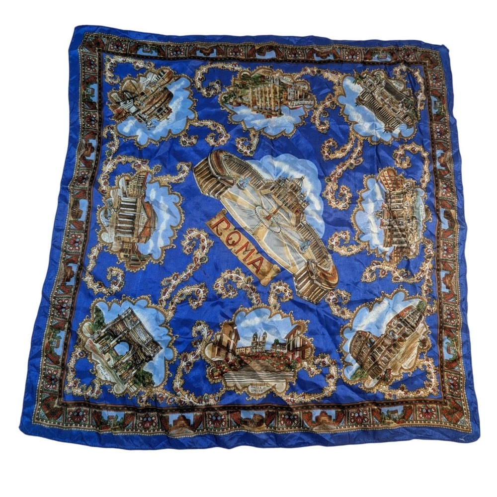Vintage Roma Italy Silk Scarf‎ Blue Map Architectural Souvenir